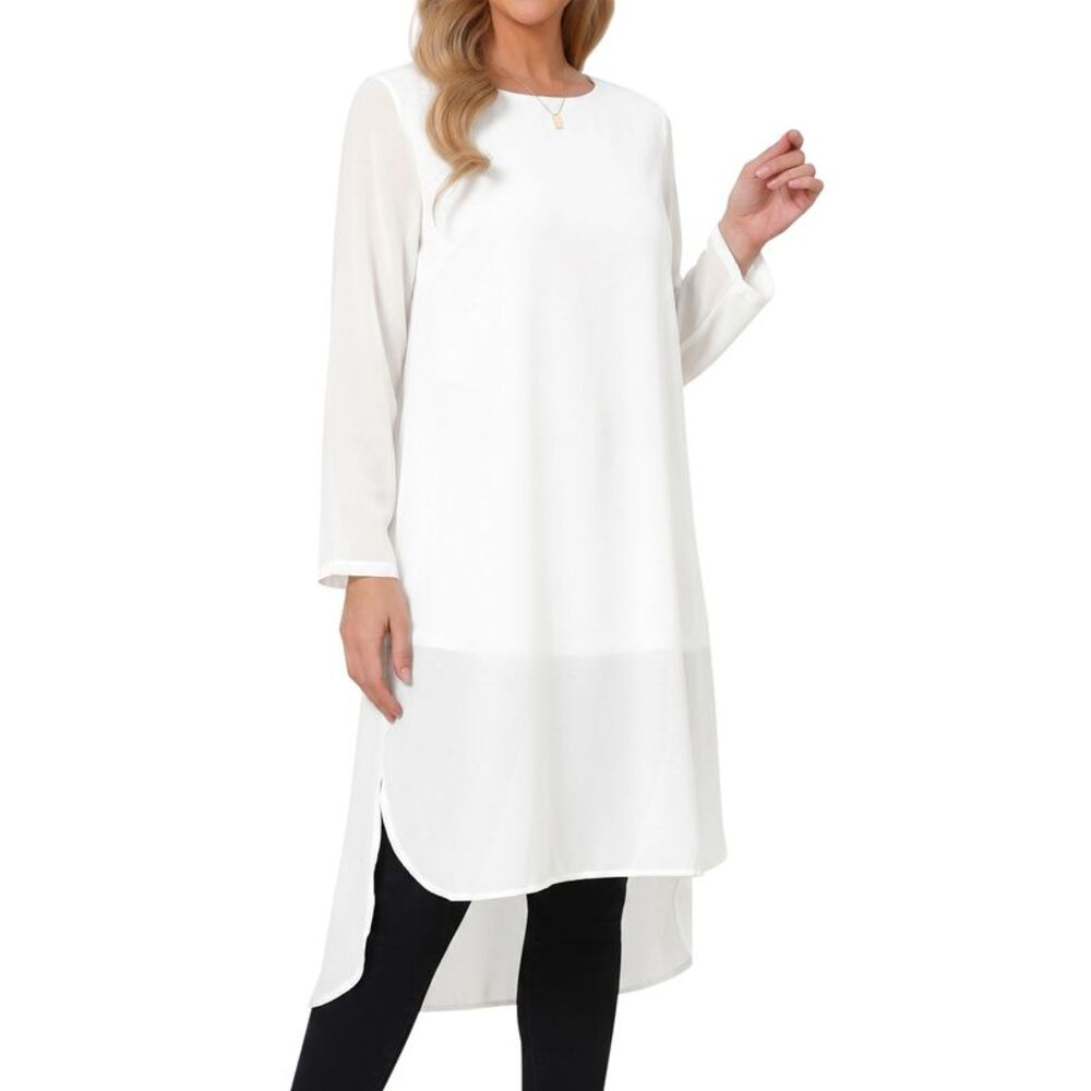 Womens High Low Tops Chiffon Blouse Asymmetric Loose Fit Casual Top White